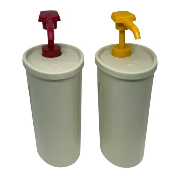 VTG Tupperware Ketchup & Mustard Pump Dispenser Set Red Yellow 8.5" Condiments - Picture 1 of 7